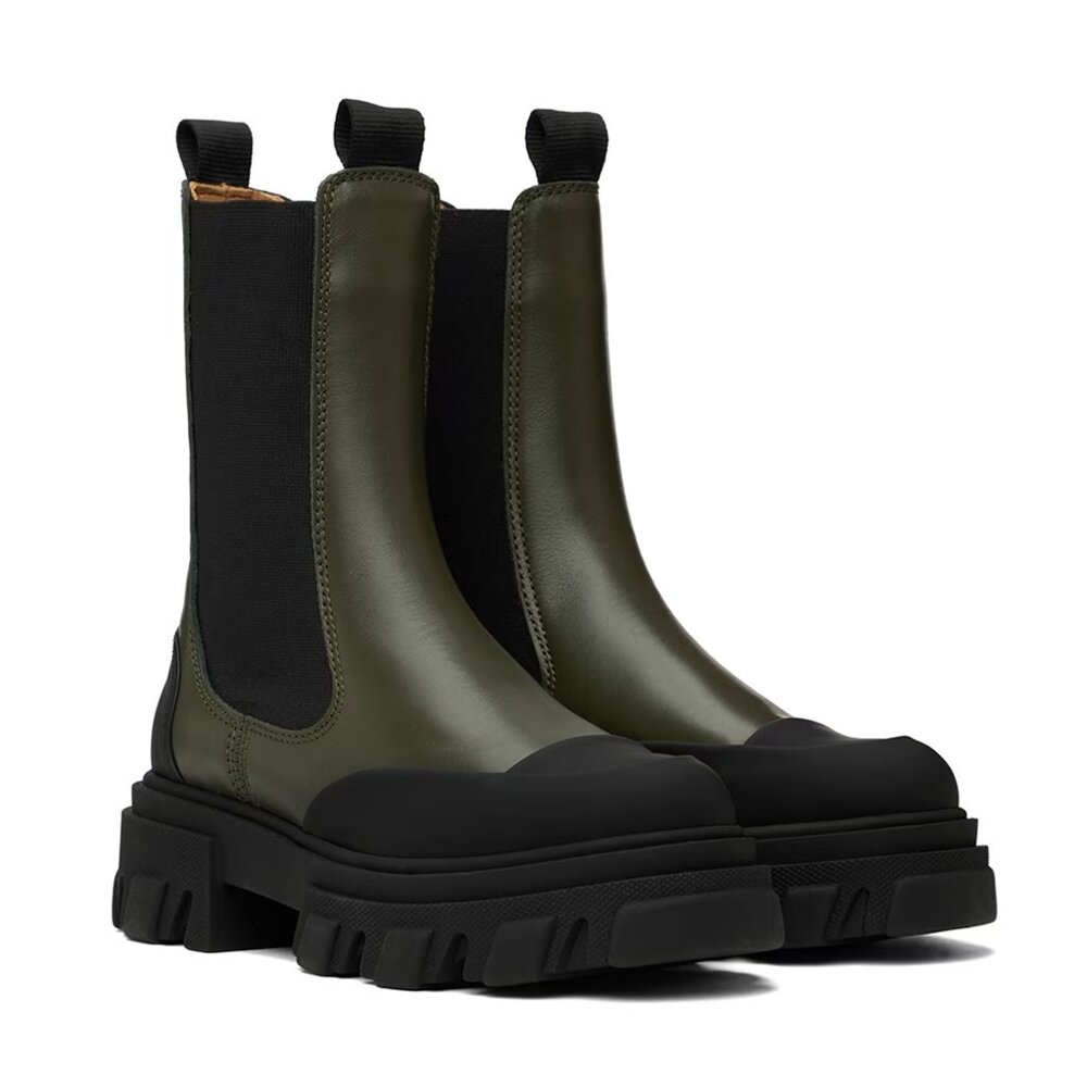Ganni Green Khaki & Black Cleated Mid Leather Chelsea Boots (Size 40)
